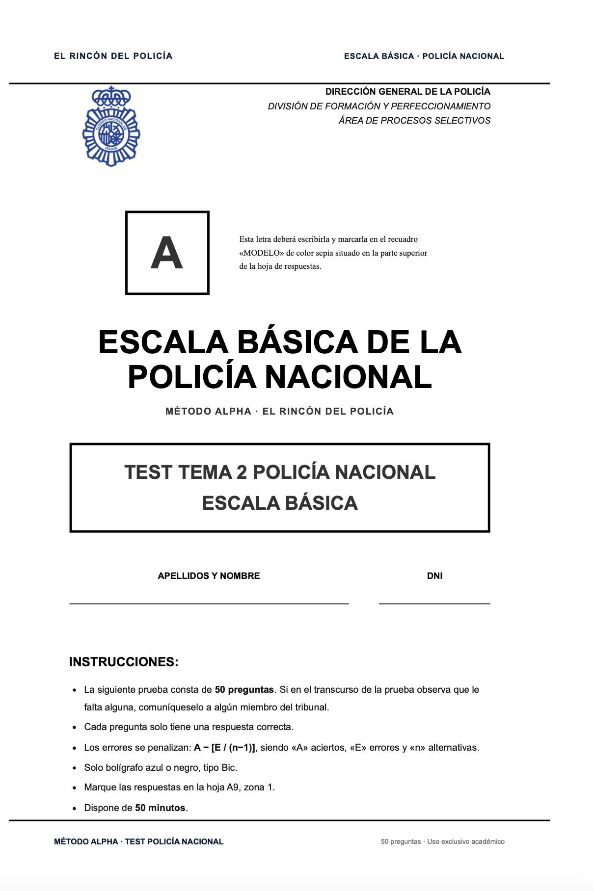 Libro de exámenes tipo test por tema Oposición Policía Nacional