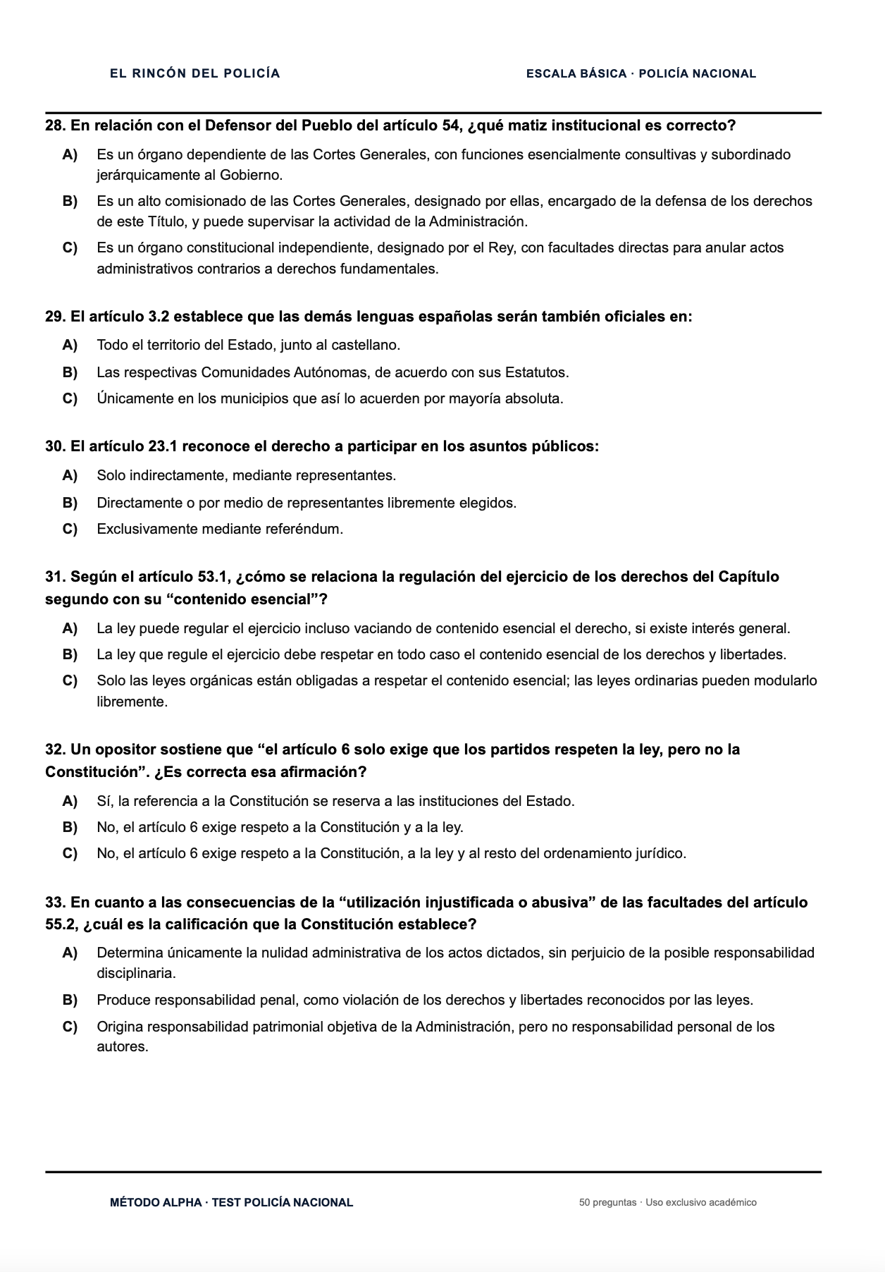 Libro de exámenes tipo test por tema Oposición Policía Nacional