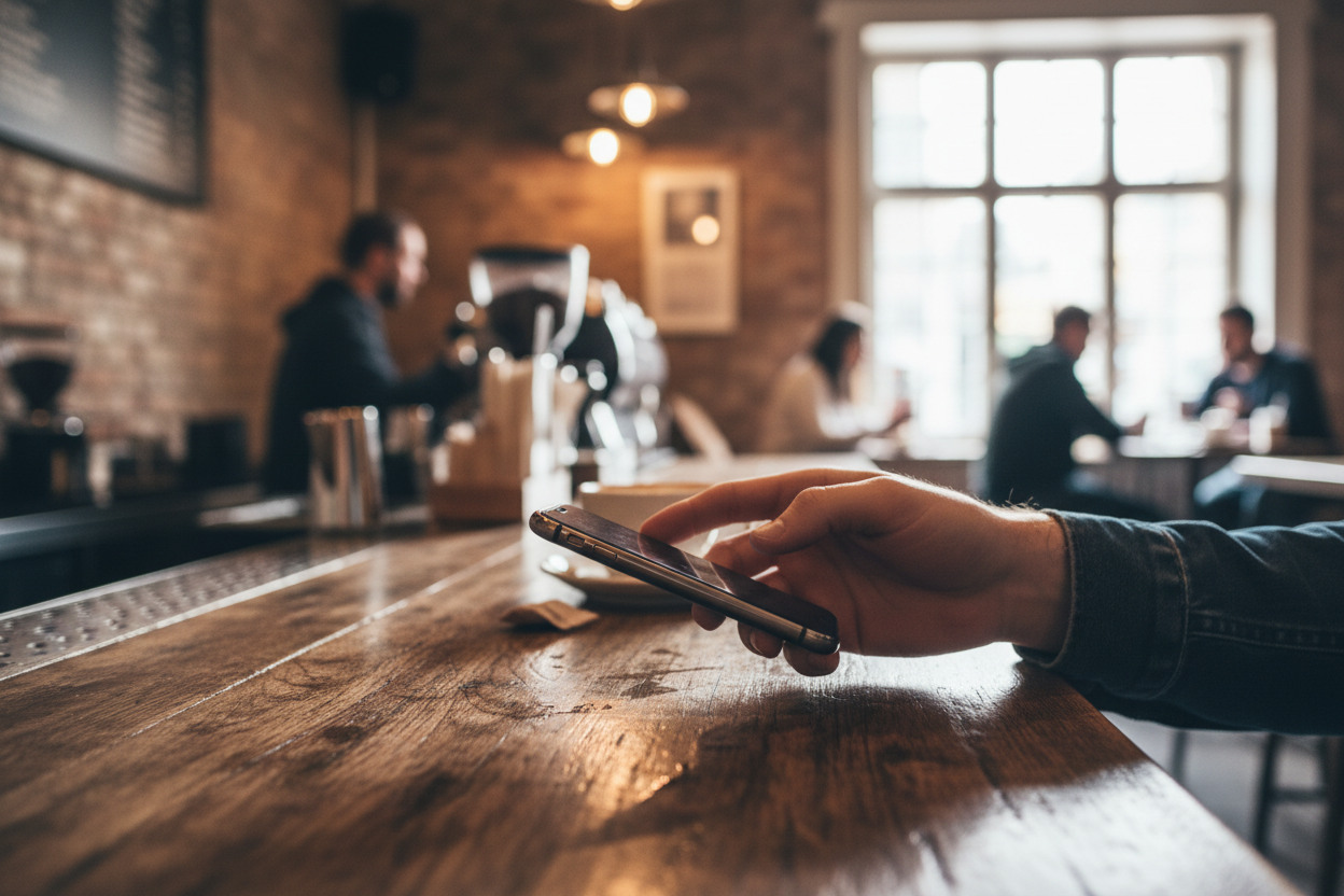 haz a alguien llevandose de la mesa de un bar un teléfono móvil